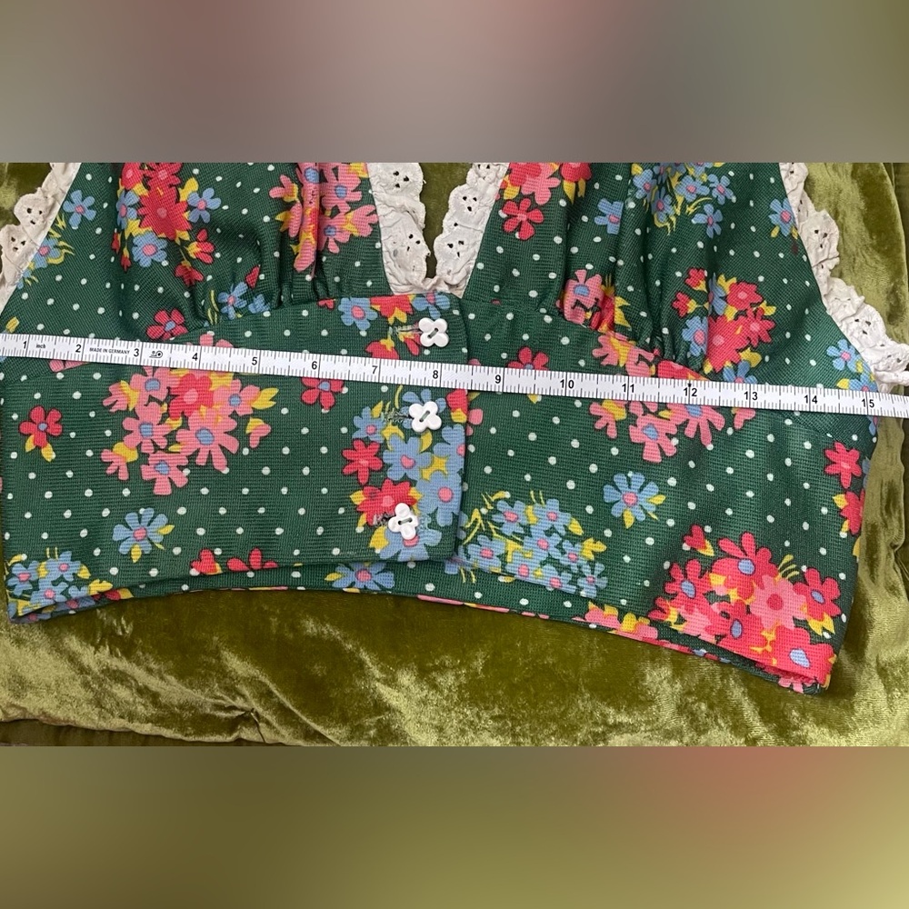 Vintage 1970s floral halter lace button flower green top boho chic - Picture 14 of 16